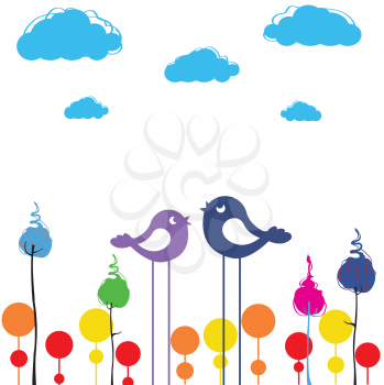 Royalty Free Clipart Image of Birds in a Garden