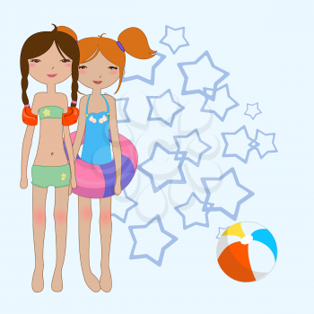 Royalty Free Clipart Image of Two Girls in Swimsuits