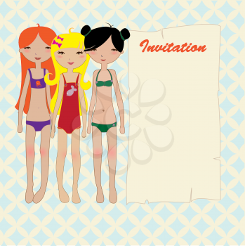 Royalty Free Clipart Image of Three Girls in Swimsuits