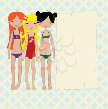 Royalty Free Clipart Image of Three Girls in Swimsuits