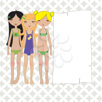 Royalty Free Clipart Image of Three Girls in Swimsuit