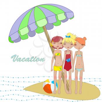 Royalty Free Clipart Image of Three Girls at the Beach