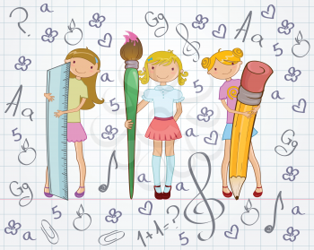Royalty Free Clipart Image of Girls Holding School Supplies