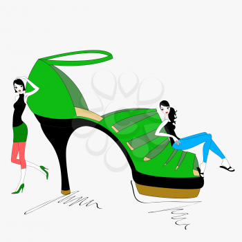 Royalty Free Clipart Image of Two Women by a Shoe