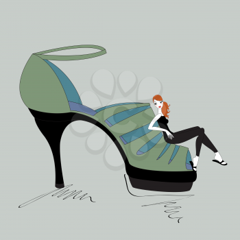Royalty Free Clipart Image of a Woman on a Shoe