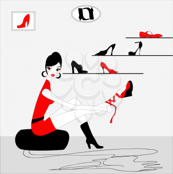 Royalty Free Clipart Image of a Woman Trying on Shoes