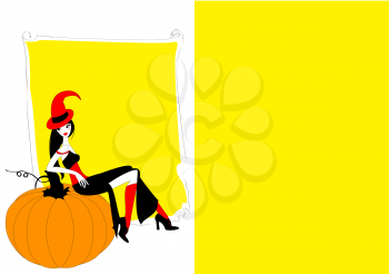 Royalty Free Clipart Image of a Woman Sitting on a Pumpkin