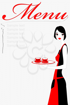 Royalty Free Clipart Image of a Waitress Holding a Tray
