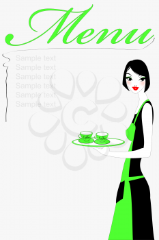 Royalty Free Clipart Image of a Waitress Holding a Tray