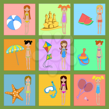 Royalty Free Clipart Image of Girls at the Beach With Toys