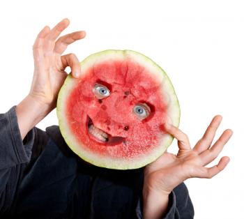 Royalty Free Photo of a Person Holding Up a Watermelon Mask