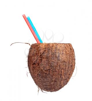 Royalty Free Photo of an Opened Coconut With Straws