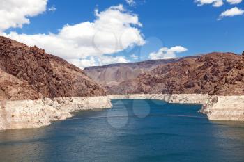 Decreased water level in Black Canyon of Colorado river near Hoover Dam, upstream view
