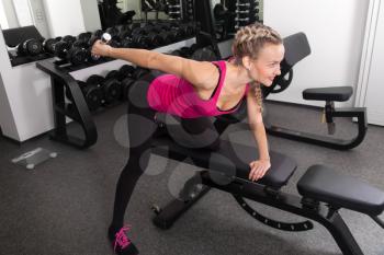 Athletic young woman training with dumbbell in the gym
