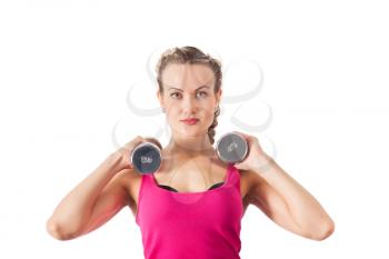 Athletic young woman with dumbbell isolated on white
