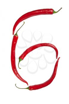 Number 6 made from chili, with clipping path
