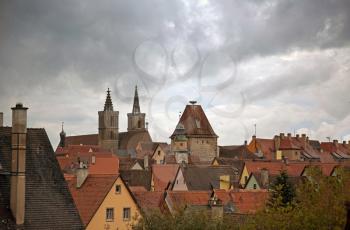 Rothenburg on Tauber cityscape, cloudy top view roofs