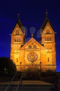 St. Lutwinus church in Mettlach at night, Germany