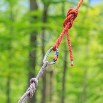 Carabine and knots on ropes for climbers
