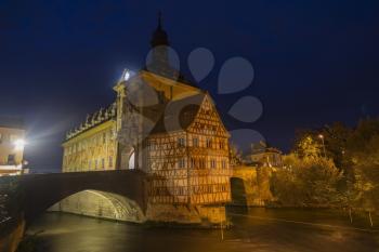 Obere bridge (brücke) and Altes Rathaus at night in Bamberg, Germany