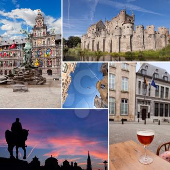 Belgium cities collage with beer, statues, vintage architecture
