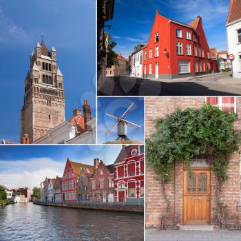 River channel and buildings in Bruges, windmill and tower collage, Belgium
