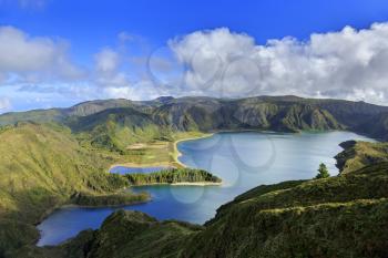 Lagoa do Fogo and green valley on San Miguel island of Azores
