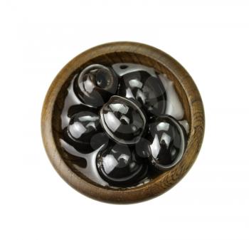 Royalty Free Photo of Black Olives in a Wooden Bowl