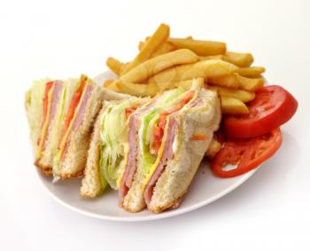 Royalty Free Photo of Club Sandwiches and Fries