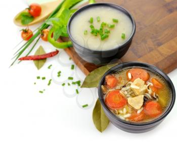 Royalty Free Photo of Chicken And Wild Rice Soup And Potato Cream Soup