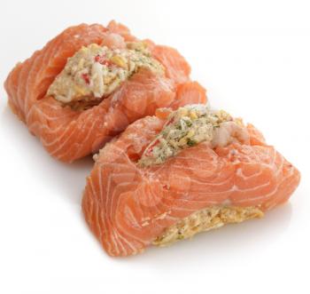 Raw Stuffed Salmon On White Background