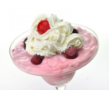 strawberry yogurt dessert with fruits and cream 