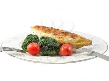 Grilled chicken breast on a plate with fresh vegetables