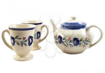 vintage tea pot and cups on white background
