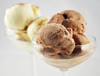chocolate and vanilla ice cream in glass dishes, close up
