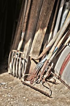 Gardening tools and wood stored in the barn