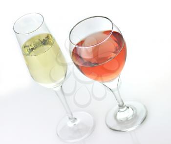 white and pink wine glasses , close up