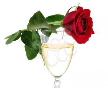 a glass of white wine with rose