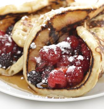 Pancakes With Berries And Maple Syrup ,Close Up