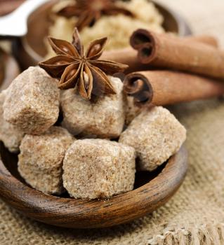 Raw Brown Cane Sugar ,Cinnamon And Anise Star,Close Up