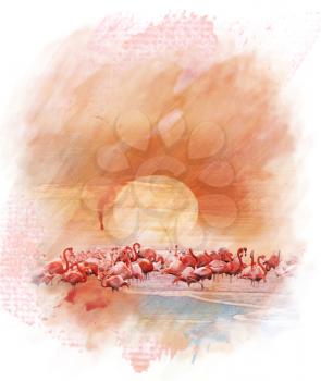 Watercolor Digital Painting Of  Flamingos At Sunset