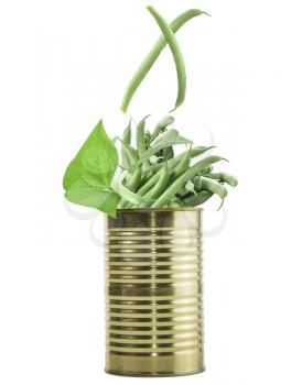 Tin Can With Raw Green Beans Isolated On White Background