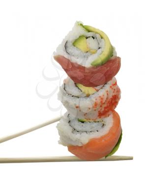 Sushi Rolls With Red Fish And Avocado, Isolated On White Background