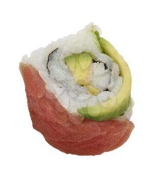 Sushi Roll With Red Fish And Avocado, Isolated On White Background