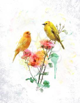 Watercolor Digital Painting Of Flowers And Yellow Birds