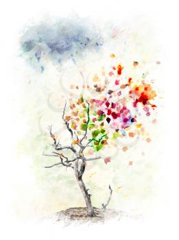 Watercolor Digital Painting Of Colorful Autumn Tree