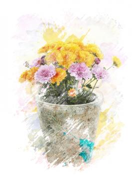 Watercolor Digital Painting Of   Autumn Chrysanthemums