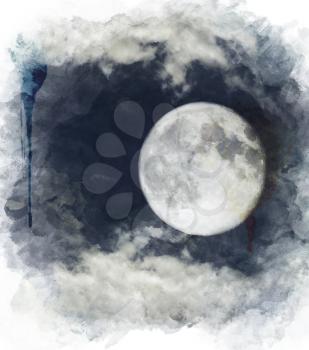 Watercolor Digital Painting Of Full Moon