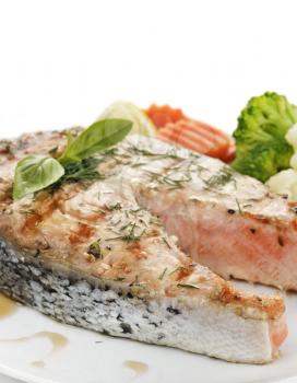 Slice Of Salmon With Vegetables ,Close Up 