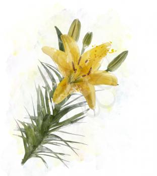 Digital Painting Of Yellow Lily Flowers 